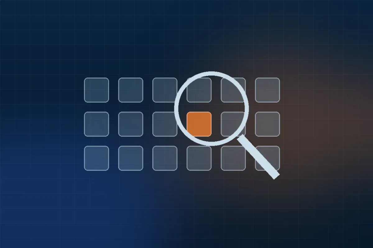 Illustration : une loupe au-dessus d'une grille de données dont une case est orange