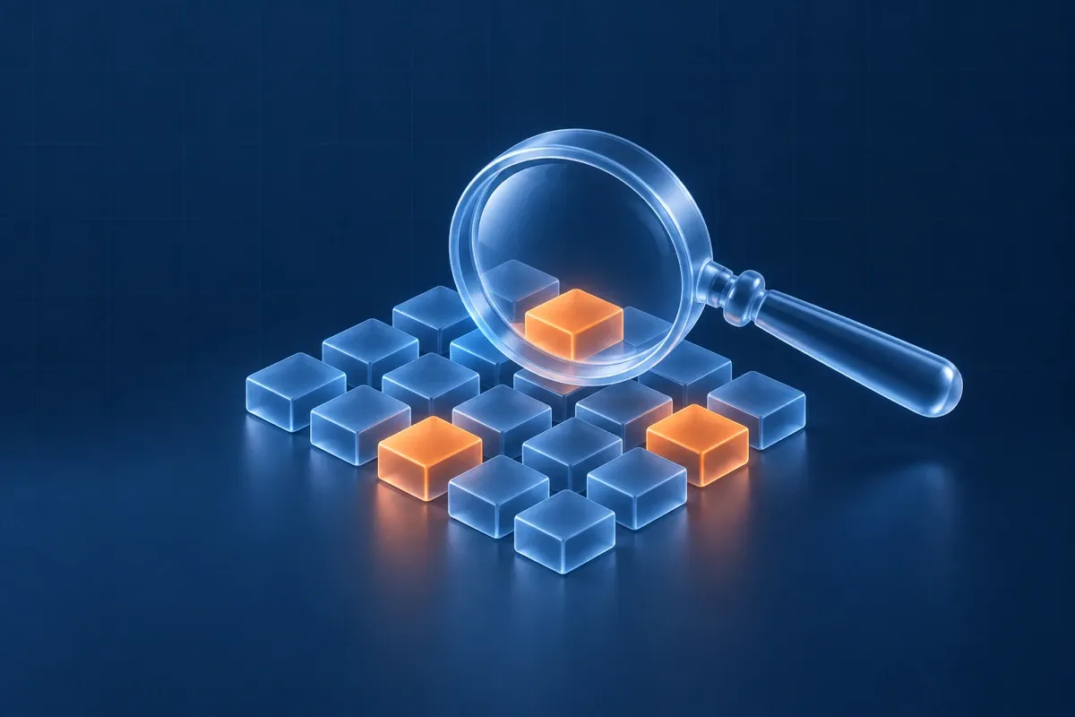 Illustration : une loupe survolant une grille de blocs dont certains brillent en orange