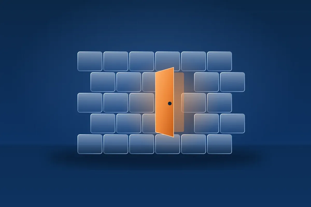 Illustration : une porte de verre entrouverte dans un pare-feu lumineux