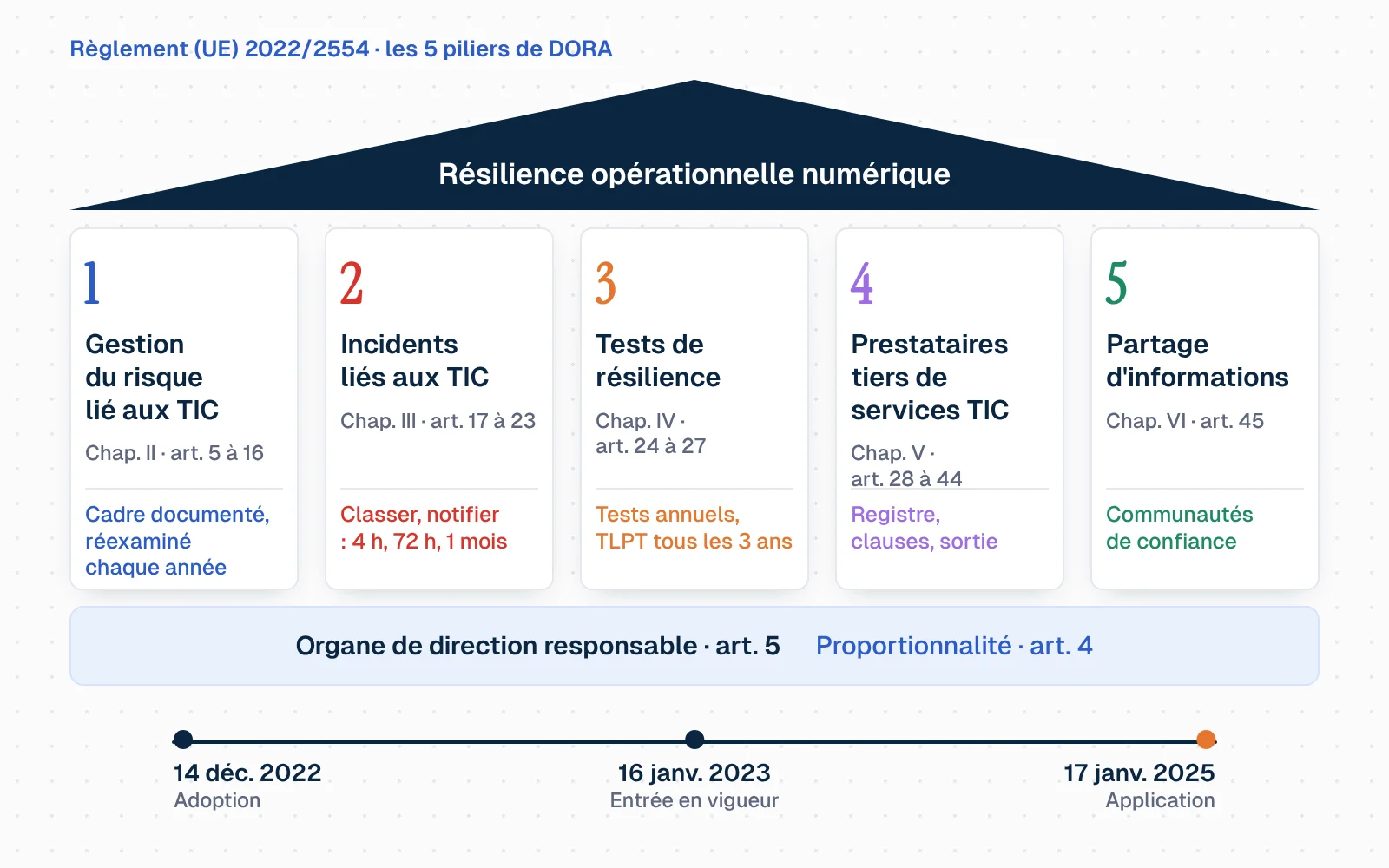 Un fronton posé sur cinq colonnes. Le fronton porte « Résilience opérationnelle numérique ». Les colonnes, de gauche à droite : gestion du risque lié aux TIC (chapitre II, articles 5 à 16), incidents liés aux TIC (chapitre III, articles 17 à 23), tests de résilience (chapitre IV, articles 24 à 27), risque lié aux prestataires tiers (chapitre V, articles 28 à 44), partage d'informations (chapitre VI, article 45). Le socle porte « Organe de direction responsable » et « Proportionnalité (article 4) ». En bas, une frise : adoption le 14 décembre 2022, entrée en vigueur le 16 janvier 2023, application le 17 janvier 2025.