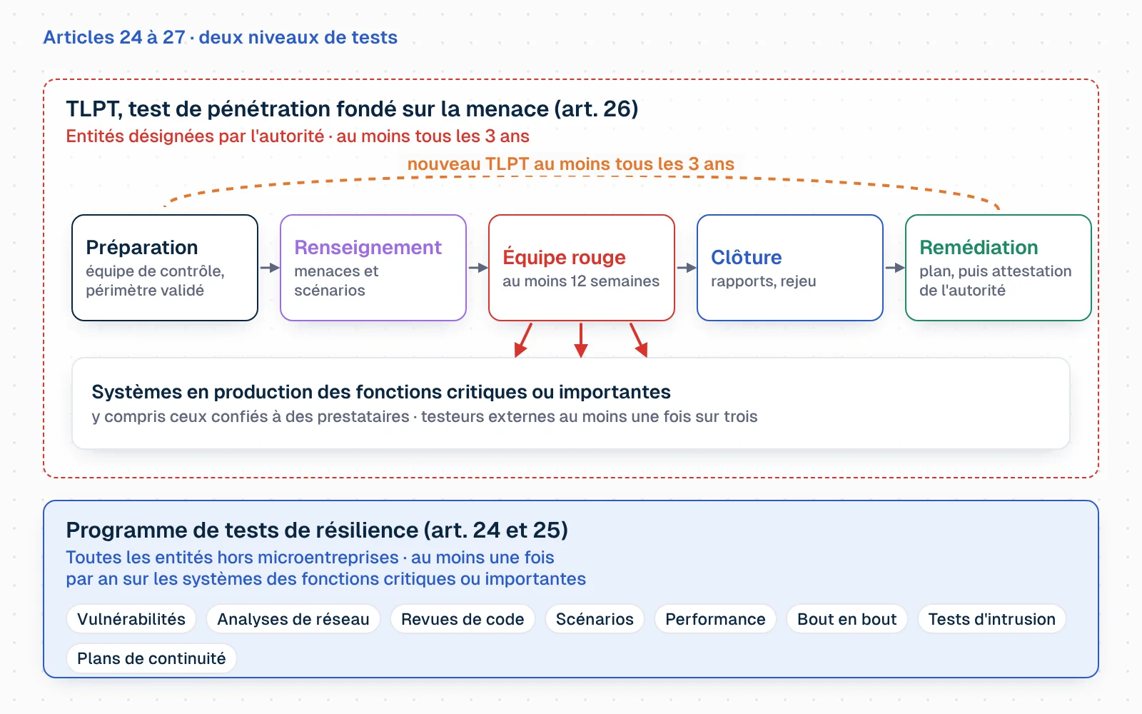 En bas, un large socle : le programme de tests annuel de l'article 24, avec des pastilles (vulnérabilités, revues de code, tests de scénarios, tests de continuité, tests d'intrusion) et la mention « toutes les entités hors microentreprises, au moins une fois par an sur les systèmes des fonctions critiques ou importantes ». Au-dessus, plus étroit, le TLPT de l'article 26 pour les entités désignées, au moins tous les trois ans. Une frise détaille ses phases : préparation (équipe chargée du contrôle, périmètre validé), test (renseignement sur la menace puis équipe rouge, au moins 12 semaines, contre les systèmes en production), clôture (rapports, rejeu avec l'équipe bleue), plan de remédiation, attestation de l'autorité. Un cycle de trois ans revient au départ.